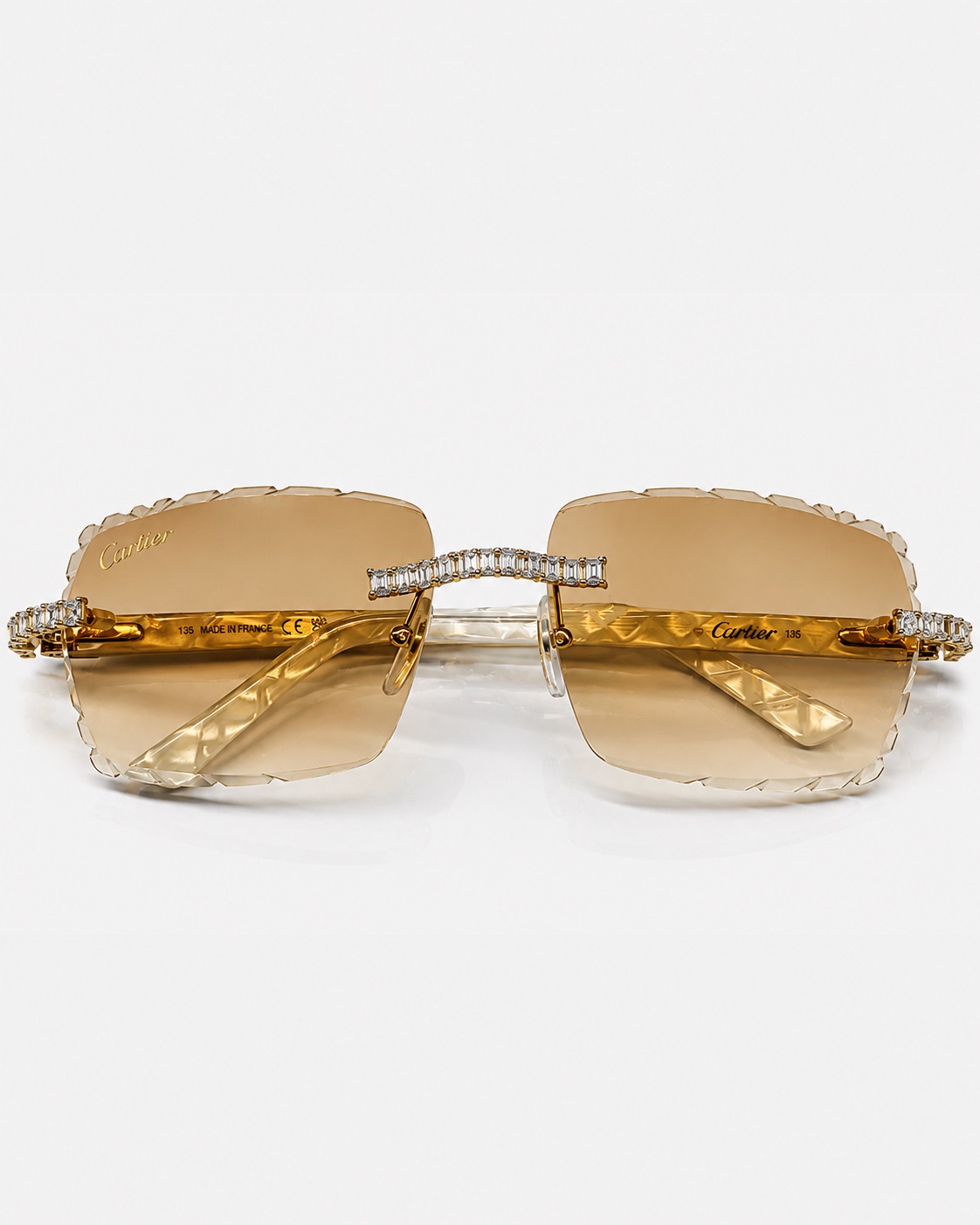 Cartier White Acetates Full Natural Emerald Diamonds Brown Diamond Cut Lenses front view